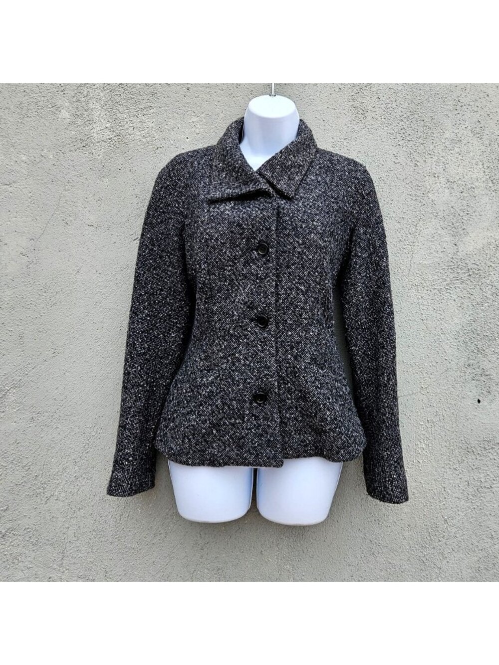 Vintage Nicole Farhi Gray Wool Tweed Jacket Asymmetric Collar 2 4